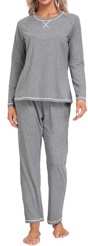 MoFiz Damen Schlafanzug Zweiteiliger Pyjama Set Raglanärmel Atmungsaktive Loungewear mit Rundhalsausschnitt Mittel Grau XL
