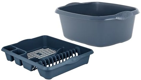 M1SS Combo of 39cm Rectangular Washing up Bowl with Large Dish Drainer Plate Rack Draining Board Tray Stand Sink Holder Kitchen Organiser (Navy)