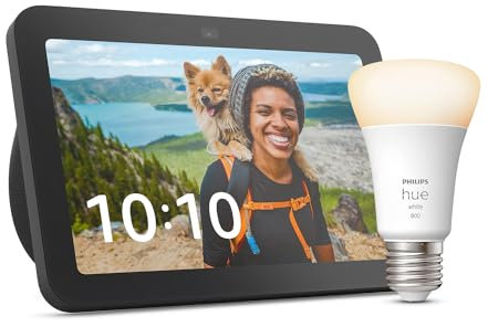 Echo Show 8 (3.ª generación) | Antracita + Philips Hue White Bombilla Inteligente (E27), compatible con Alexa - Kit de inicio de Hogar digital