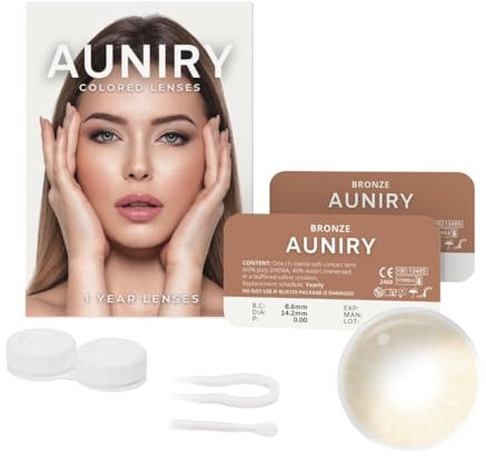 AUNIRY Lentillas de Color Marrón BRONZE Natural: Pack Completo (2 Lentes de Contacto, Pinza, Aplicador y Estuche), 12 Meses, Sin Corrección, Sin Graduación, 0 Dioptrías y DIA 14.2mm | AUNIRY