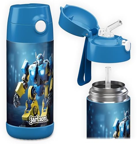Jarlson® Trinkflasche Kinder Edelstahl CHARLI mit Strohhalm - Thermosflasche 350ml - TÜV geprüft - BPA frei - auslaufsicher - Thermo Wasserflasche für Schule, Kindergarten - Roboter, 350 ml