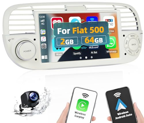 HiFi+64G Autoradio Android für FIAT 500 2007-2015 mit Wireless Carplay Android Auto, 7 Zoll Bildschirm Autoradio mit Navi HiFi Bluetooth FM/RDS SWC Rückfahrkam