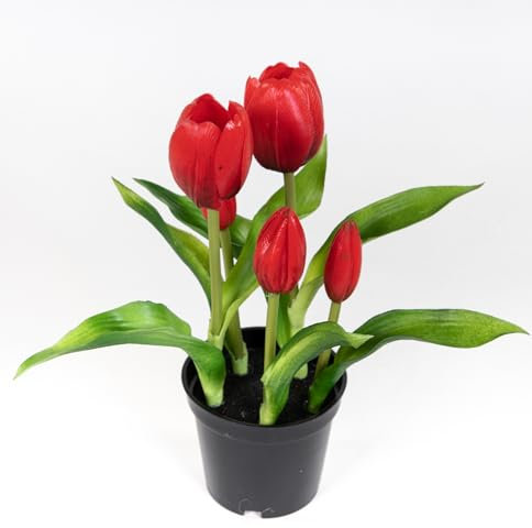 Seidenblumen Roß Tulpen Real Touch 24cm im Topf ZF Kunstpflanzen künstliche Pflanzen Tulpentopf (Rot)