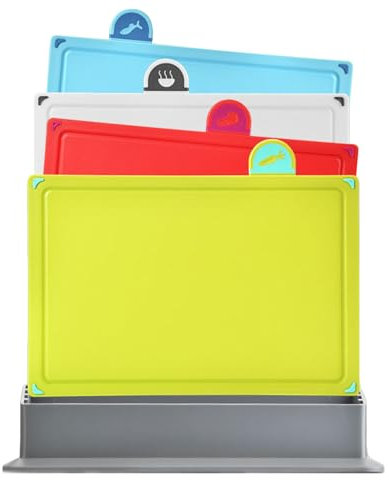 Coloured Chopping Boards Set for Kitchens - 4 Pcs Thick Plastic Kitchen Cutting Boards with Food Icons & Organised Stand, Non-Slip & Easy Cleaning
