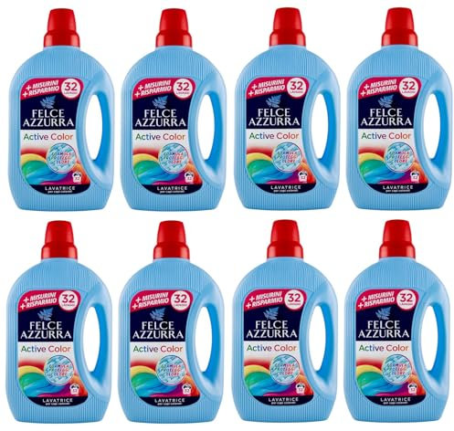 Confezione da 8 Felce Azzurra Lavatrice Active Color, detersivo liquido per lavatrice, efficace a freddo, per bucato colorato, 32 lavaggi 1595ml