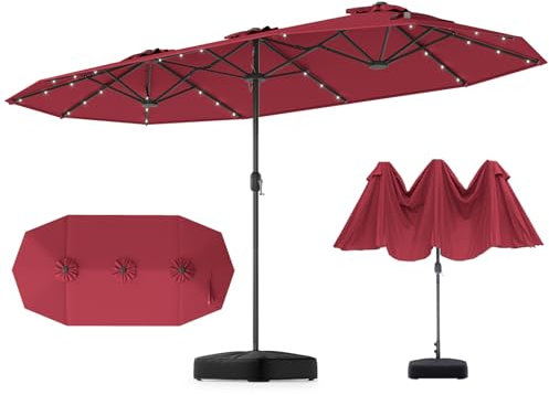 GOPLUS Parasol de Jardin Exterieur avec Pied, 4M Parasol Double Face avec LED, Manivelle et Ventilation, Grand Parasol Extérieur pour 6 Personnes pour Marché, Piscine, Terrasse, Balcon (Rouge)