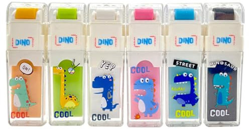 Niedlicher Radiergummi, Cartoon-Roller, Dinosaurier-Motiv, niedliches Gummi mit Schmutzfang, für Schule, Büro, Zubehör, 6 Stück