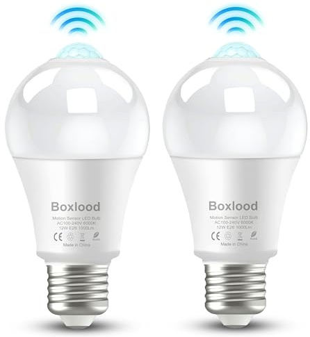 Motion Sensor LED Light Bulb with Dusk to Dawn, E27 Screw 12W, Equivalent 100W Incandescent, 3000K Warm White, Auto Turn On/Off Security Lighting for Front Door, Hallway, Basement, Stairs (2 Pack)