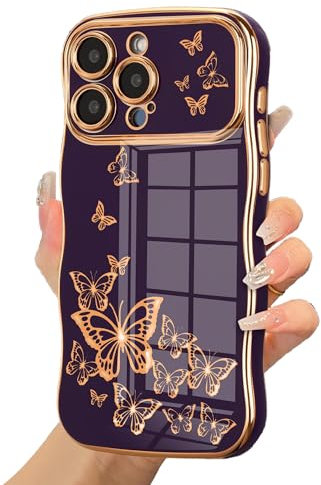 ZTOFERA for iPhone 13 Pro Max Case for Girls Women, Cute Curly Wave Frame Case Luxury Plating Butterfly Pattern Raised Lens Protection Soft Shockproof Phone Case for iPhone 13 Pro Max - Dark Purple