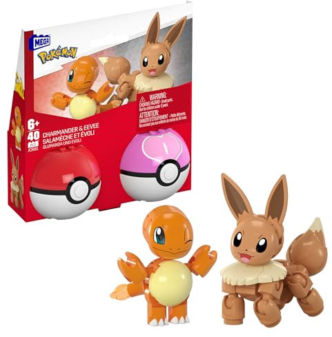 MEGA Pokémon Salamèche et Évoli, coffret de construction avec figurines articulées 40 pièces, 2 Poké Balls, pour enfants, JCR81