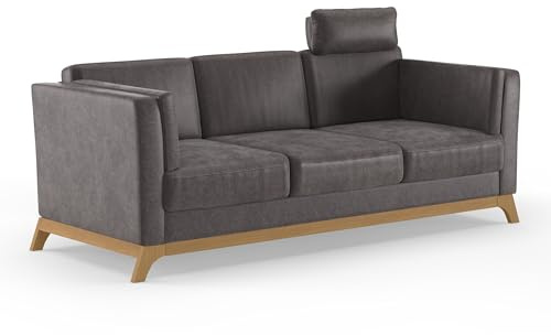Cavadore 3er-Sofa Vida / 3-Sitzer Couch im trendigen Design mit massivem Holzrahmen in Eiche, Kopfstütze mit Kuschelkissen / 213 x 84 x 93 / Mikrofaser, Graubraun