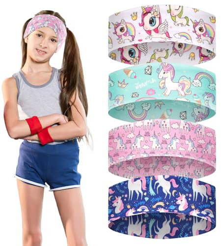 Stirnband Kinder, 4 Stück Einhörner Kinder Stirnband Baby Mädchen, Dünnes, Ultraleichtes und Elastisches Haarband Mädchen, Sportstirnband in 4 Stilen(PINK, GIRL)