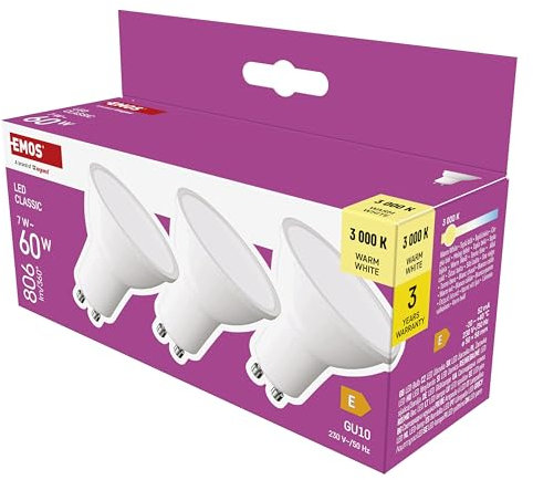 EMOS LED Lampe Spot 3er Pack, MR16 mit GU10 Sockel, 3 Stück 7W Ersatz für 60W Halogenlampe, Helligkeit 806 lm, Warmweiß 3000 K, 30000 h Lebensdauer, CRI min. 80, 100° Abstrahlwinkel, weiße Farbe