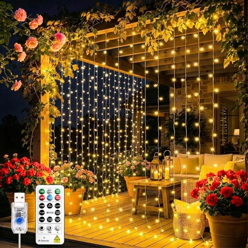 SINAMER Curtain Light for Bedroom, 200LED 6.6x6.6ft Warm White Window Wall Hanging Fairy Curtain String Light, 8 Modes Remote Fairy String Lights Indoor for Wedding Party Home Garden Decorations