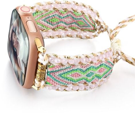 HARAVAL Boho Braided Band Compatible with Apple Watch Band 38mm 40mm 41mm Women, Woven Friendship Bracelet Handmade Beaded Adjustable Strap for iWatch Band SE Ultra 2 Series 10 9 8 7 6 5 4 3 2 1, Pink