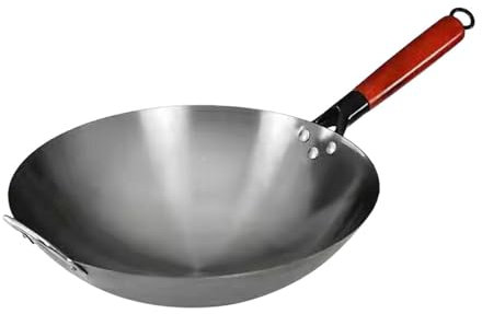 Sharplace Sartén Wok, Wok Chino con Mango de Madera, Cocina de Inducción, Manual de Cocina, Sartén de Hierro Forjado, Sin Recubrimiento, Sartén, Wok Antiadheren, 38cm