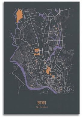 Poster con mappa della città di Dhaka, poster decorativo da parete su tela, stampa artistica moderna per camera da letto, poster decorativo per camera da letto (50 x 75 cm)
