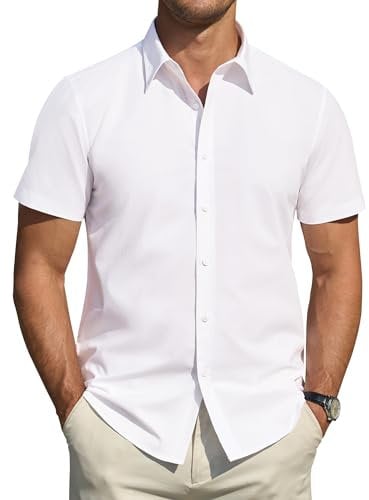 J.VER White Short Sleeve Shirt Mens Stretch Iron Free Regular Fit Business Casual Work Office Summer Dress Shirt XL