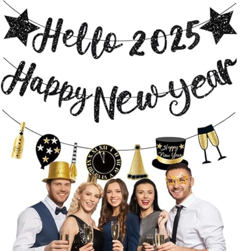 Imtrub Frohes Neues Jahr-Schild, Frohes Neues Jahr-Banner 2025,Glitzernde Silvesterdekorationen - Schwarzes Gold 2025 Neujahrszubehör, Neujahrsbanner für draußen