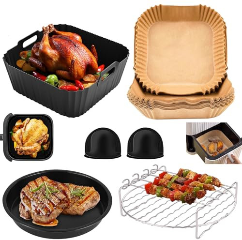 Zaxiva 22CM Teglia per Friggitrice ad Aria, 6PCS Misura per Ninja AF140, COSORI 5,5L 4,7L, Cecotec 6L, con la Pizza Pan, Quadrati Teglia per Friggitrice ad Aria, Griglia, Carta Friggitrice ad Aria