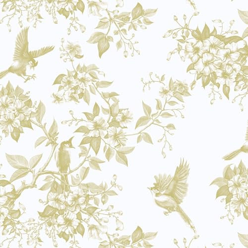 Yomshi Self Adhesive Wallpaper Floral Bird 44×300cm Peel and Stick Wallpaper Gold Vintage Sticky Back Plastic Waterproof Removable Film for Living Room Bedroom Wall Furniture