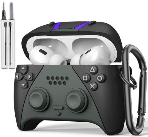 VISOOM Kompatibel mit Airpods Pro 2/1 Generation Hülle mit Reinigungsset, Cute Lustig Cooles Spieler Design Silikon Schutzhülle mit Schlüsselanhänger für Airpods Pro Case(2023/2022/2019), Schwarz