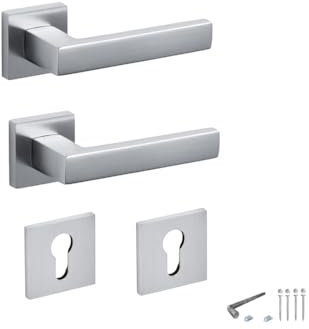 COPPIA MANIGLIE PER INTERNO MODELLO ASTI STILE MODERNO, COMPLETE DI FISSAGGIO E BOCCHETTE FORO YALE (Cromo Satinato)