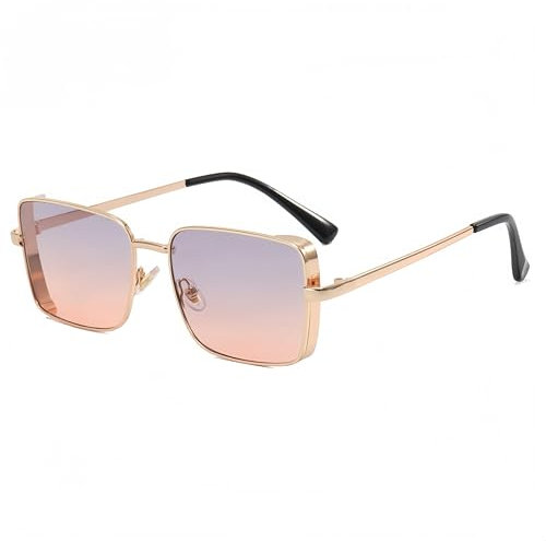WDZAYXC Klassische Rechteckige Sonnenbrille Retro Metallrahmen Gläser Vintage Rechteck Sonnenbrille für Damen und Herren (Hellgrau Rosa)
