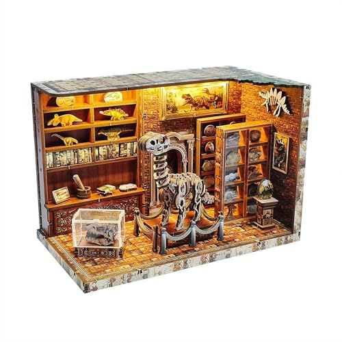 3D Dinosaurier Museum Holzpuzzles für Erwachsene, DIY Miniatur Puppenhaus Book Nook Kit, Eingebaute LED Modell Kit Hobby Geschenke für Erwachsene Teens Home Decor für Teenager und Männer