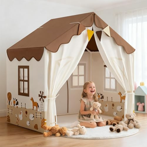 EagleStone Spielzelt für Kinder mit Girlanden und flauschigen Teppich, Spielzelt für drinnen, Hütte und Zelt, kuschelige Ecke für Jungen und Mädchen ab 3 Jahren, Beige