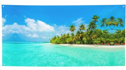 Insel mit Sandstrand und Palmen-Hintergrund, Banner, Urlaubsbanner, Dekoration für Abschlussfeier, Hochzeit, Veranstaltung