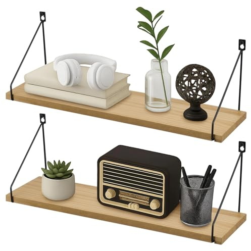 BREEZENEST 2 Pcs Wall floating shelf wooden storage organizer suitable for home (Wood, 58cm)