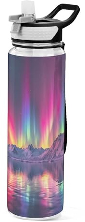 Cgiub Northern Lights Sports Water Bottle with Leak Proof Straw Lid 1000 ML BPA-Free Reusable Tritan Plastic Water Bottle for School Outdoor Sports and Travel