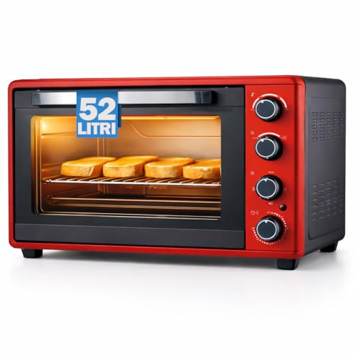 BAKAJI Forno Elettrico Rosso 2000W con Funzione Ventilato, Fornetto con Teglia e Griglia Inclusi, 4 Livelli di Cottura, Manopole di Controllo e Design Moderno, Base Antiscivolo (52 Litri)