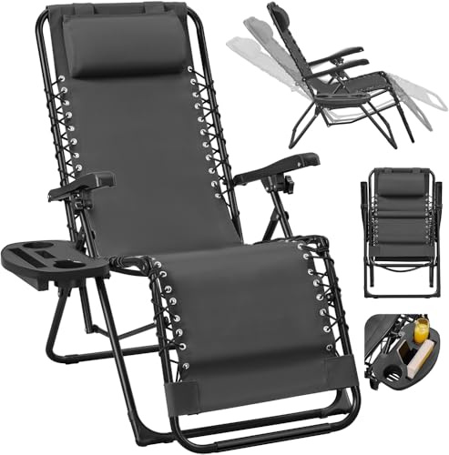 Yaheetech Sonnenliege Liegestuhl Klappbar Gartenliege mit Kopfkissen & Becherhalter Tragbare Relaxliege für Strand/Garten/Balkon, Dunkelgrau