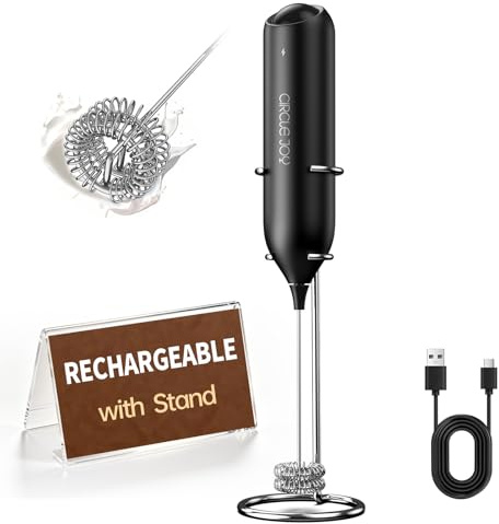 CIRCLE JOY Electric Rechargeable Milk Frother Handheld with Stand, Black | Dual Spring Whisk Hand Frother Wand Portable Drink Mixer Foam Maker for Coffee Cappuccino Latte Matcha