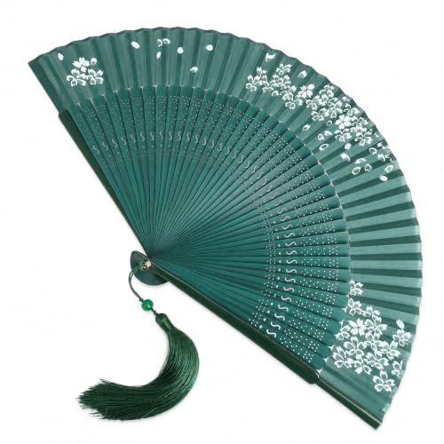 ZYCEHO Green Hand Fan Bamboo Folding Fan, Vintage Hand Fan with Tassel, Bamboo Foldable, Handheld Chinese Folding Fan for Wedding, Party, Dance, Festival, Home Decor, Portable Gift for Women