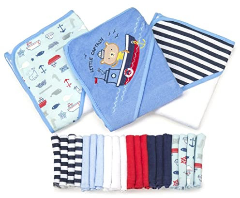 SpaSilk GBA23 2201 Lot de 23 serviettes de bain à capuche et gants de toilette pour bébé Bleu marine