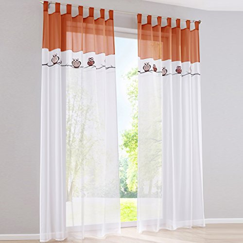 HongYa 1er-Pack Voile Eule Muster Bestickte Gardine Transparenter Vorhang Dekoschal H/B 175/140 cm Terra mit Schlaufen