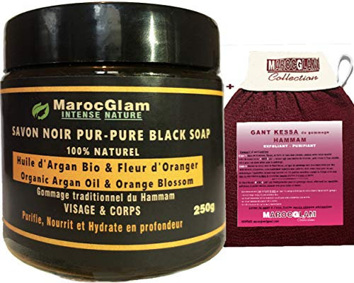 Savon Noir à l'Huile d'Argan Bio et fleur d'oranger 250g + Gant Kessa luxueux pour gommage corps et visage - gommage naturel Hammam et SPA: Exfoliant - Purifiant- hydratant