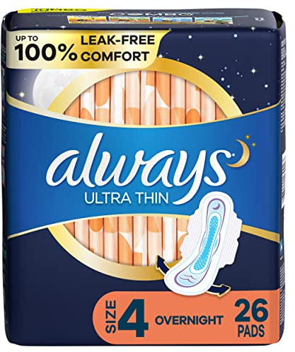 Always Ultra Thin Pads for Women, Size 4 Overnight Absorbency, Unscented with Wings, 26 Count