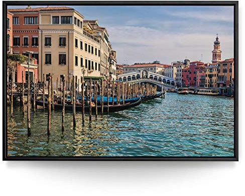 BilderKing Wandbild Venedig Rialtobrücke - 120cm x 80cm Leinwand auf 2cm Keilrahmen mit Schattenfugenrahmen schwarz