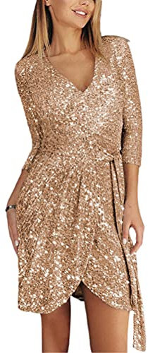 Minetom Femme Élégante Col V Robe à Paillettes Manches 3/4 Robe de Soirée Mariage Cocktail avec Ceinture A Or M