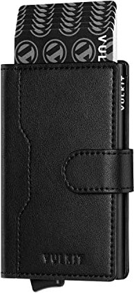 VULKIT Kreditkartenetui Herren RFID Schutz mit 3 Kartenfächern und 1 Ausweisfenster Klein Kartenetui Metall Etui für Karten Pop Up Leder Geldbörse mit Magnetverschluss, Schwarz