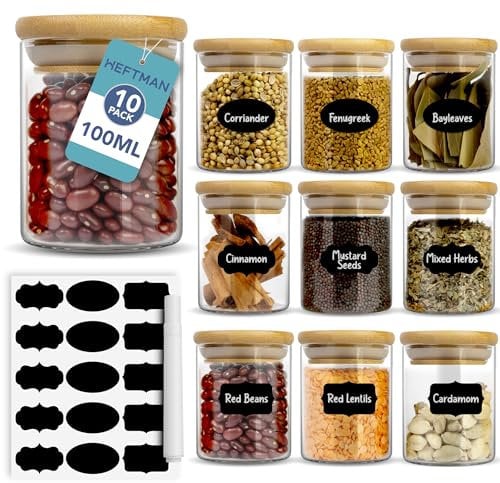 HEFTMAN Small Glass Spice Jars - Set of 10, 100ml Glass Jars With Bamboo Lids & Airtight Seal - Borosilicate Glass Storage Jars for Spices, Herbs, Tea, Coffee Kitchen Jars With Lids, Labels & Pen