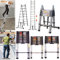 12.5ft/3.8M Telescopic Ladder Multi-Purpose Extension Loft Ladder Stainless Steel Extendable Portable Folding 13 Step Ladder with Spring Loaded Locking Mechanism, Max Load 150kg/330lb