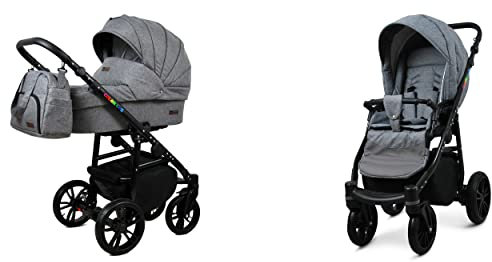 BabyLux Color Lux 2-in-1 Baby Kinderwagen Tief und Kinderwagen mit Zubehör Verstellbar und faltbar Aluminiumkonstruktion Wasserdichte Nicht abnehmbare Räder Grey Flex Black Frame