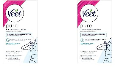 Veet Pure Kaltwachsstreifen für Bikinizone & Achseln - Haarentfernung für sensible Haut - Bis zu 28 Tage glatte Haut - 16 Kaltwachsstreifen (Packung mit 2)