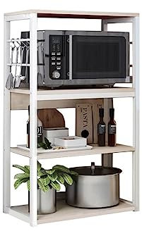 Meyvaser Estantería de Cocina Unidad de Cocina Alta con estantes de Almacenamiento, Marco de Metal Blanco, Estante Industrial para microondas 50x30x100 Cm, Color Natural y Blanco