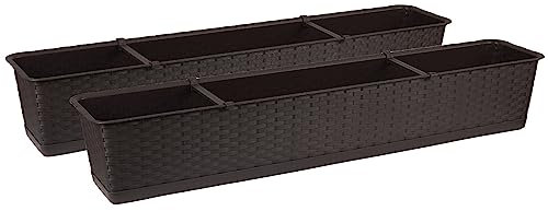 Tymar Blumenkasten mit Untersetzer, 2 Stück,Rattan, Balkonkasten, Pflanzkasten aus Kunststoff, Garten, Balkon, Terrasse((2pack) Braun, 70cm)